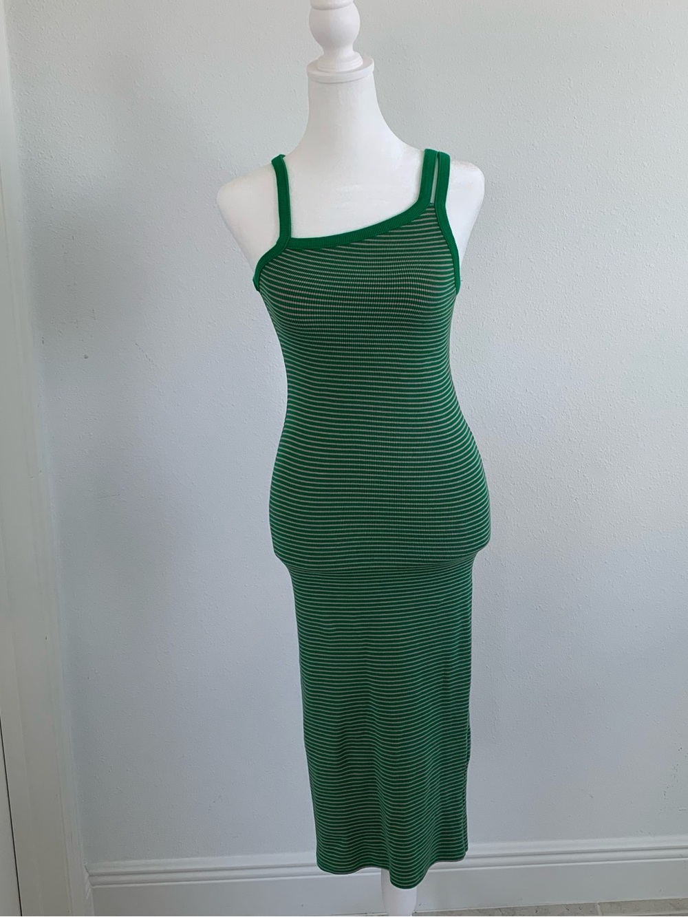Zara Green and Pink Striped Asymmetric Strap Maxi Tank Dress